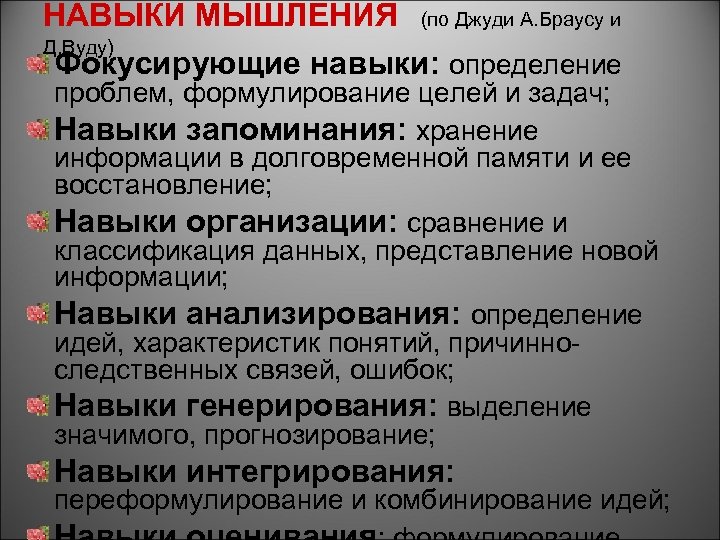 НАВЫКИ МЫШЛЕНИЯ (по Джуди А. Браусу и Д. Вуду) Фокусирующие навыки: определение проблем, формулирование