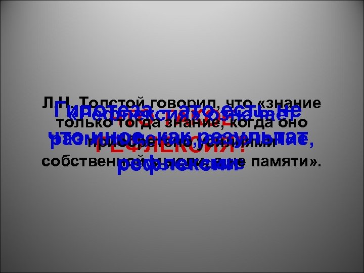 Л. Н. Толстой говорил, что «знание Гипотеза – это есть не «Рефлексия» означает ЧТО