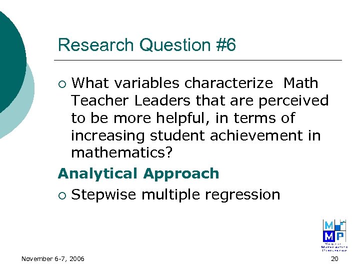 Research Question #6 What variables characterize Math Teacher Leaders that are perceived to be