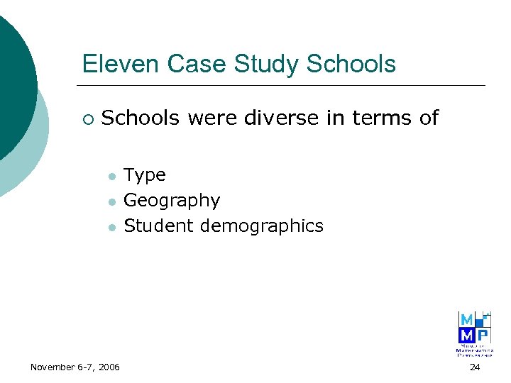 Eleven Case Study Schools ¡ Schools were diverse in terms of l l l