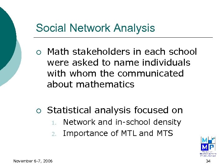 Social Network Analysis ¡ ¡ Math stakeholders in each school were asked to name