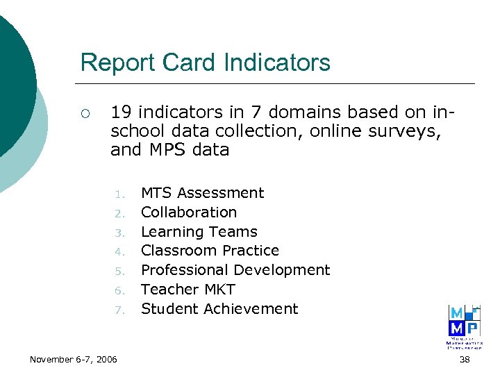 Report Card Indicators ¡ 19 indicators in 7 domains based on inschool data collection,