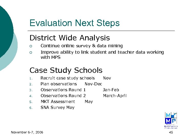 Evaluation Next Steps District Wide Analysis ¡ ¡ Continue online survey & data mining