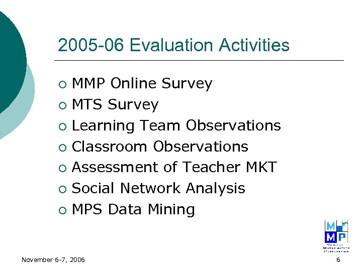 2005 -06 Evaluation Activities MMP Online Survey ¡ MTS Survey ¡ Learning Team Observations