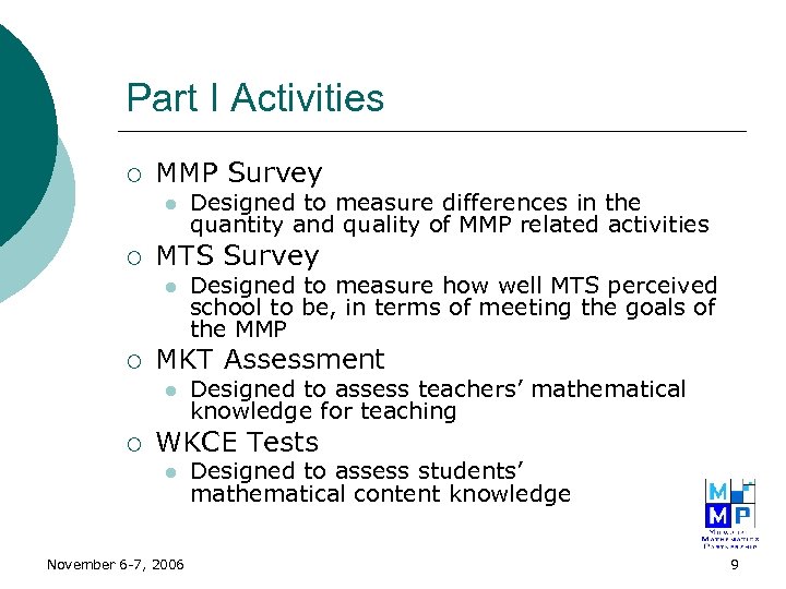 Part I Activities ¡ MMP Survey l ¡ MTS Survey l ¡ Designed to