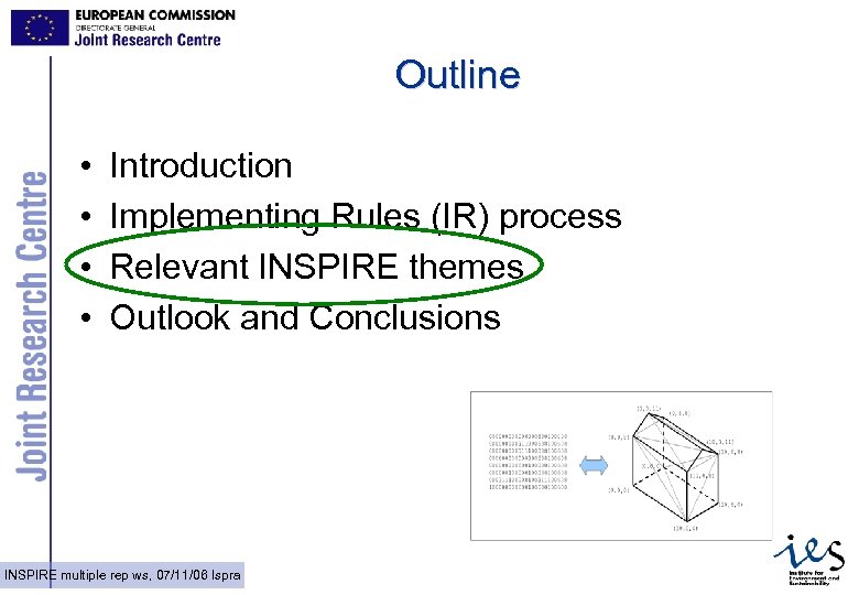 Outline • • Introduction Implementing Rules (IR) process Relevant INSPIRE themes Outlook and Conclusions