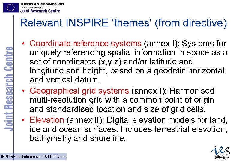 Relevant INSPIRE ‘themes’ (from directive) • Coordinate reference systems (annex I): Systems for uniquely