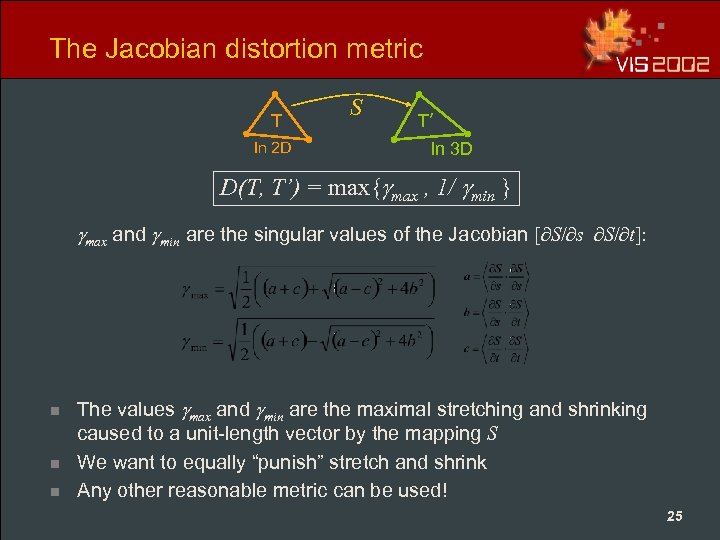 The Jacobian distortion metric T In 2 D S T’ In 3 D D(T,