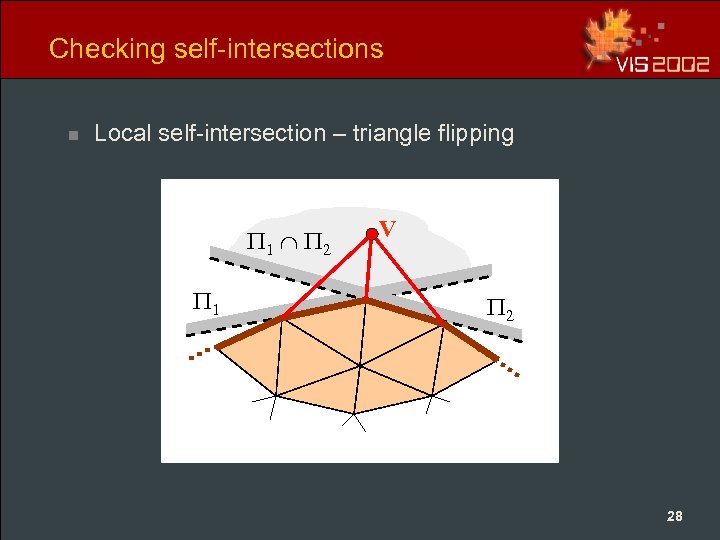 Checking self-intersections n Local self-intersection – triangle flipping 1 2 1 V 2 28