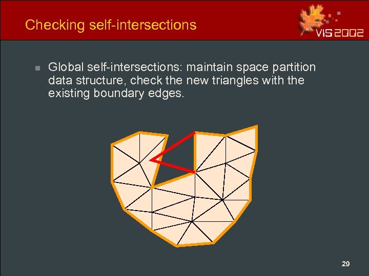 Checking self-intersections n Global self-intersections: maintain space partition data structure, check the new triangles