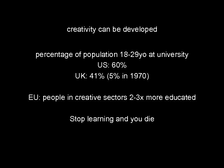 creativity can be developed percentage of population 18 -29 yo at university US: 60%