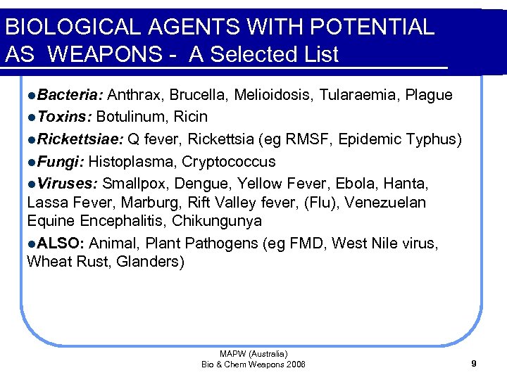 BIOLOGICAL AGENTS WITH POTENTIAL AS WEAPONS - A Selected List l. Bacteria: Anthrax, Brucella,