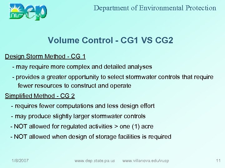 Department of Environmental Protection Volume Control - CG 1 VS CG 2 Design Storm