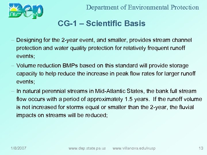 Department of Environmental Protection CG-1 – Scientific Basis – Designing for the 2 -year