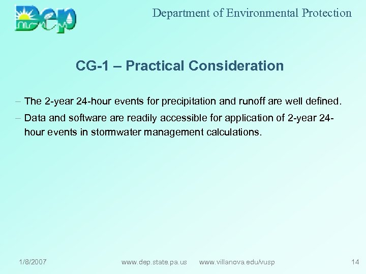 Department of Environmental Protection CG-1 – Practical Consideration – The 2 -year 24 -hour