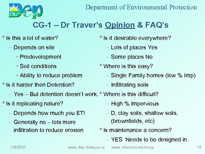 Department of Environmental Protection CG-1 – Dr Traver’s Opinion & FAQ’s • Is this