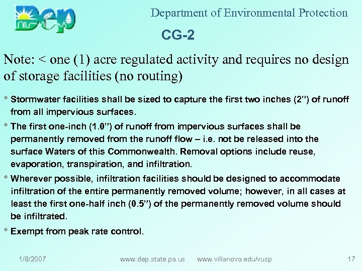 Department of Environmental Protection CG-2 Note: < one (1) acre regulated activity and requires