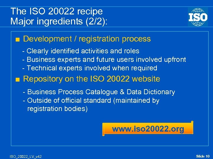 The ISO 20022 recipe Major ingredients (2/2): < Development / registration process - Clearly