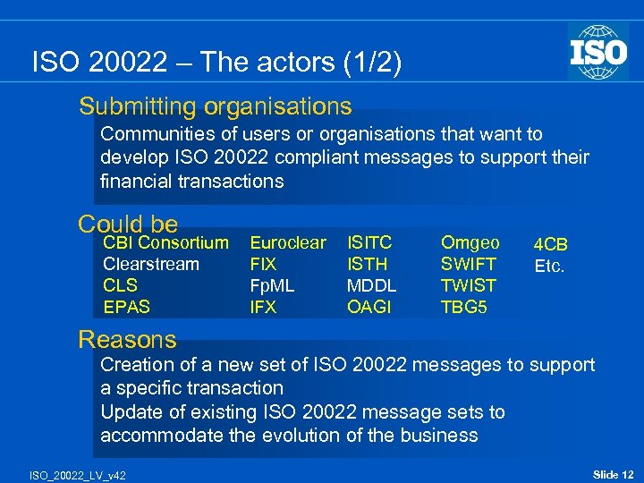 ISO 20022 – The actors (1/2) Submitting organisations Communities of users or organisations that