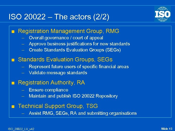 ISO 20022 – The actors (2/2) < Registration Management Group, RMG – Overall governance