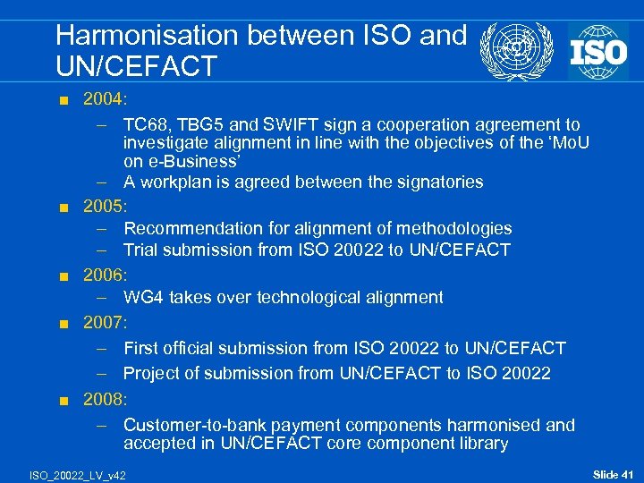 Harmonisation between ISO and UN/CEFACT < < < 2004: – TC 68, TBG 5