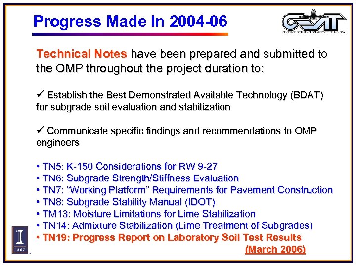 Progress Made In 2004 -06 Technical Notes have been prepared and submitted to the