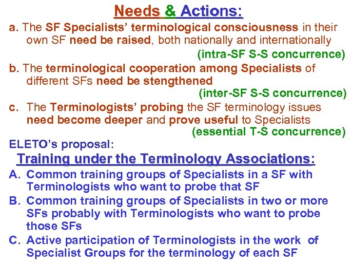Needs & Actions: a. The SF Specialists’ terminological consciousness in their own SF need