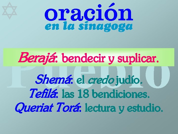  oración en la sinagoga Pueblo Berajá: bendecir y suplicar. Shemá: el credo judío.