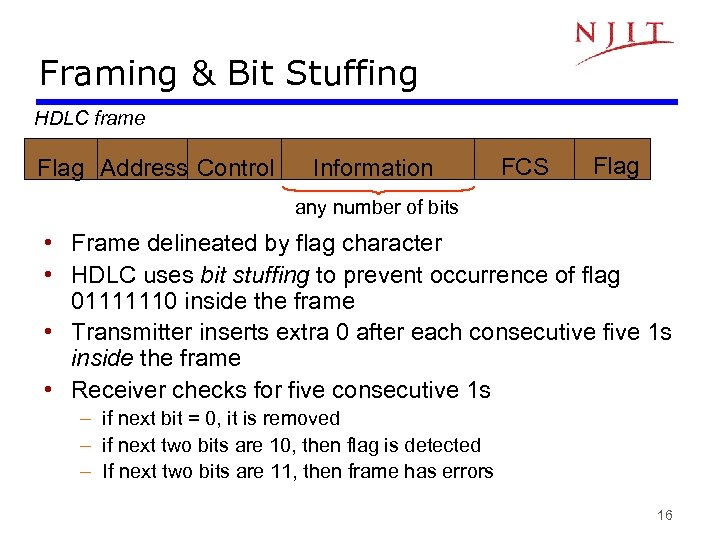 Framing & Bit Stuffing HDLC frame Flag Address Control Information FCS Flag any number