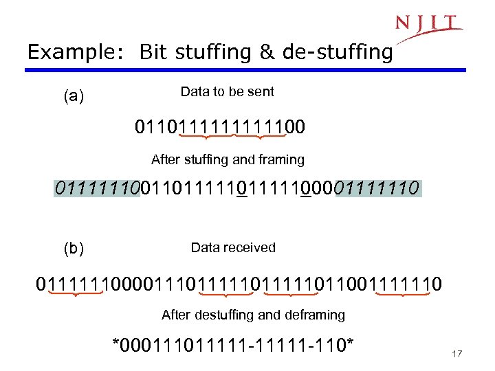 Example: Bit stuffing & de-stuffing (a) Data to be sent 01101111100 After stuffing and
