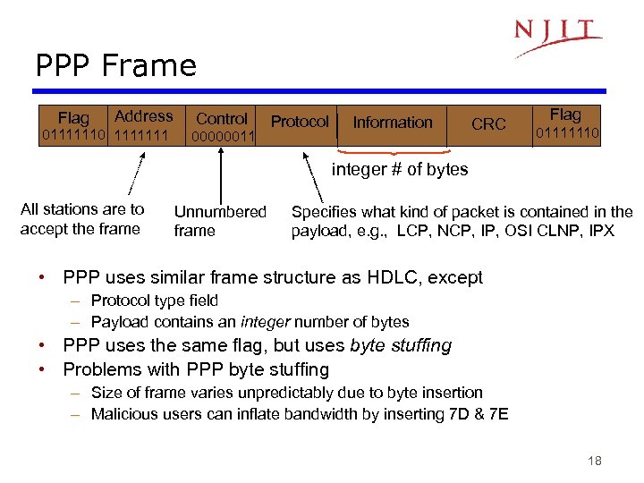 PPP Frame Flag Address 01111110 1111111 Control 00000011 Protocol Information CRC Flag 01111110 integer