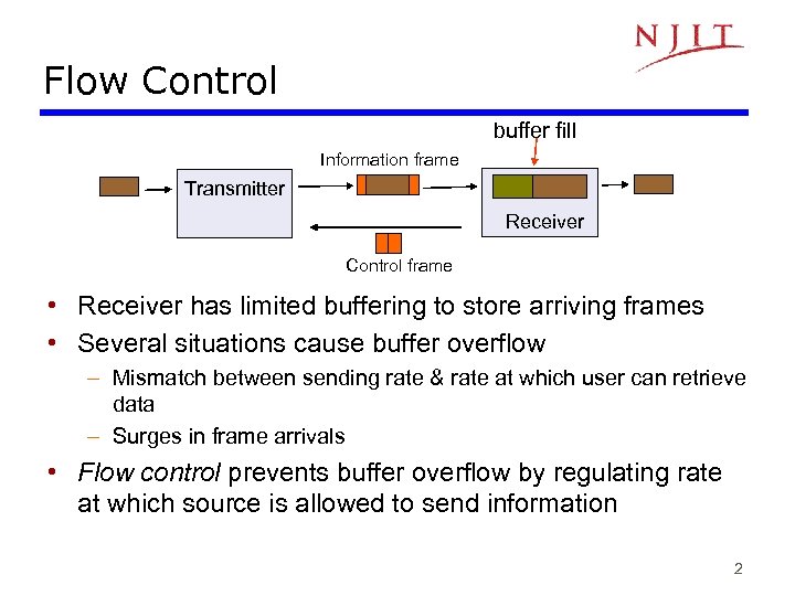 Flow Control buffer fill Information frame Transmitter Receiver Control frame • Receiver has limited
