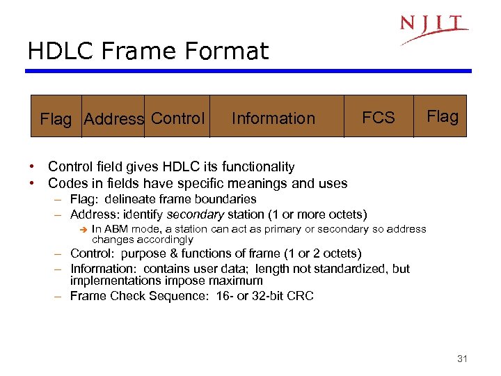 HDLC Frame Format Flag Address Control Information FCS Flag • Control field gives HDLC