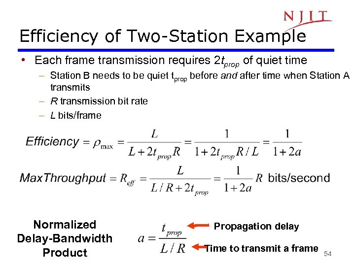 Efficiency of Two-Station Example • Each frame transmission requires 2 tprop of quiet time