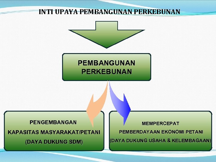 INTI UPAYA PEMBANGUNAN PERKEBUNAN PENGEMBANGAN MEMPERCEPAT KAPASITAS MASYARAKAT/PETANI PEMBERDAYAAN EKONOMI PETANI (DAYA DUKUNG SDM)