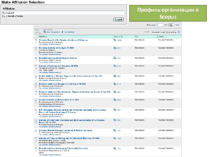 Профиль организации в Scopus 