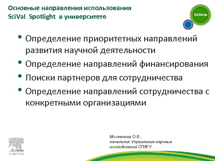 Основные направления использования Sci. Val Spotlight в университете • Определение приоритетных направлений • •