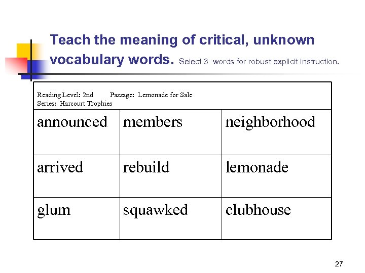 Teach the meaning of critical, unknown vocabulary words. Select 3 words for robust explicit