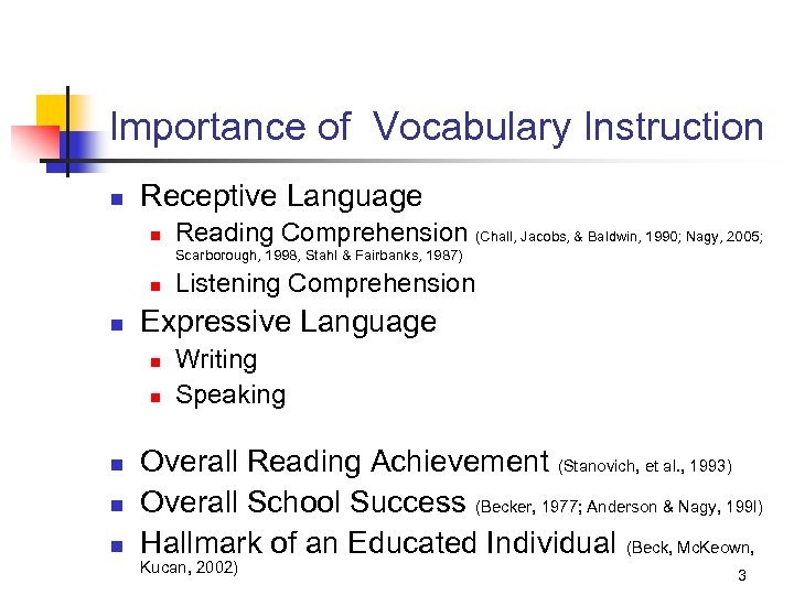 Importance of Vocabulary Instruction n Receptive Language n Reading Comprehension (Chall, Jacobs, & Baldwin,