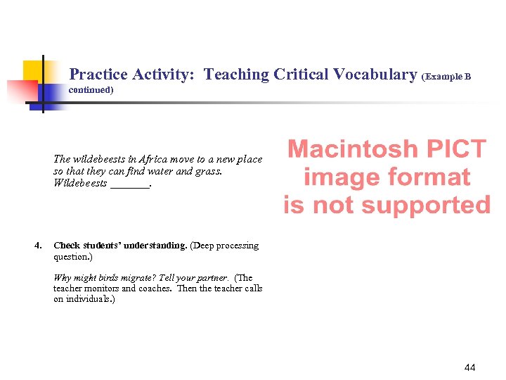 Practice Activity: Teaching Critical Vocabulary (Example B continued) The wildebeests in Africa move to