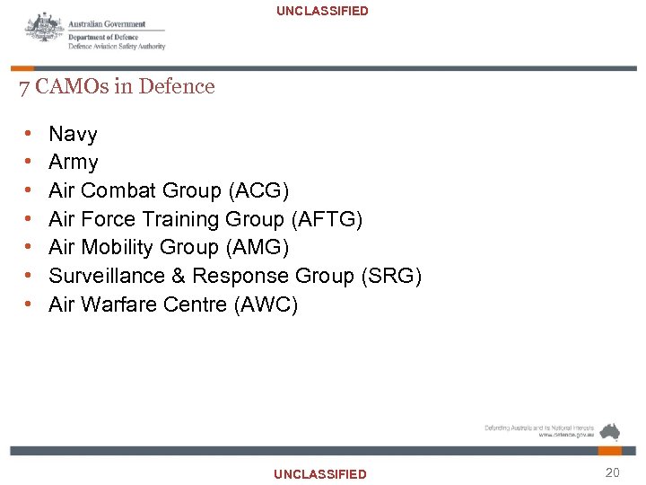 UNCLASSIFIED 7 CAMOs in Defence • • Navy Army Air Combat Group (ACG) Air