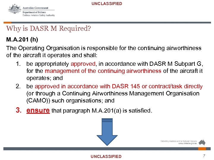 UNCLASSIFIED Why is DASR M Required? M. A. 201 (h) The Operating Organisation is