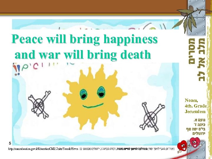 Peace will bring happiness and war will bring death Noam, 4 th. Grade Jerusalem