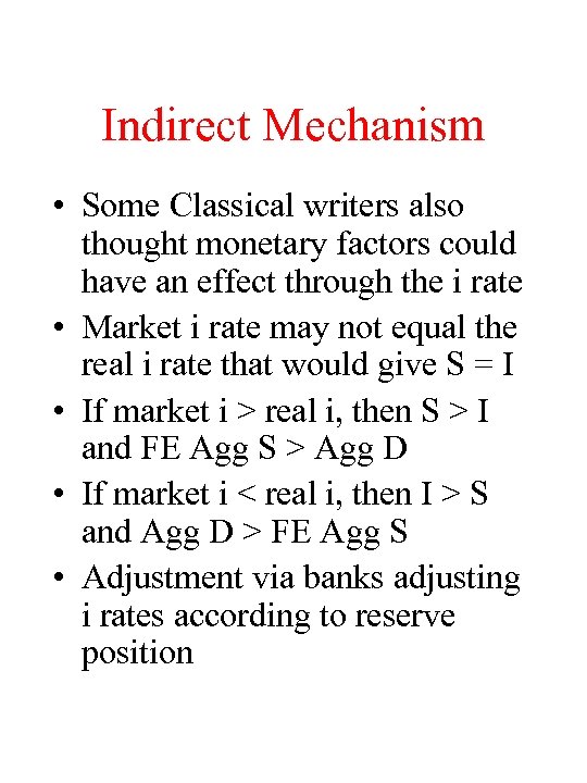 Indirect Mechanism • Some Classical writers also thought monetary factors could have an effect