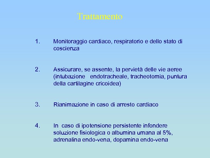 Trattamento 1. Monitoraggio cardiaco, respiratorio e dello stato di coscienza 2. Assicurare, se assente,