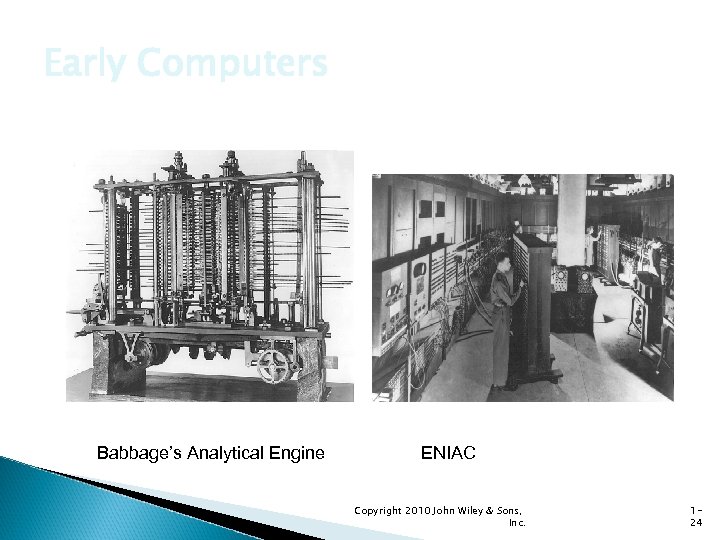 Early Computers Babbage’s Analytical Engine ENIAC Copyright 2010 John Wiley & Sons, Inc. 124