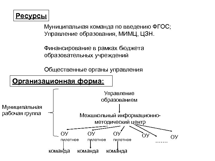 Ресурсы Муниципальная команда по введению ФГОС; Управление образования, МИМЦ, ЦЗН. Финансирование в рамках бюджета