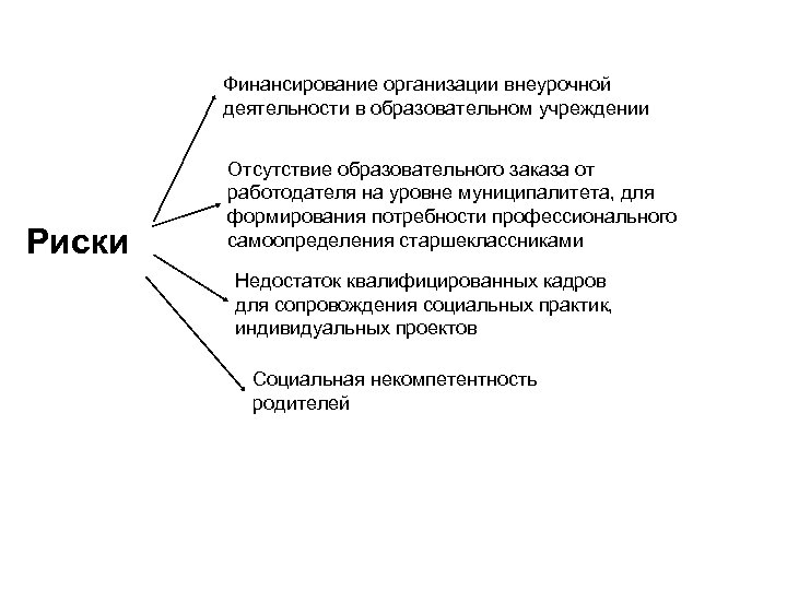 Финансирование организации внеурочной деятельности в образовательном учреждении Риски Отсутствие образовательного заказа от работодателя на