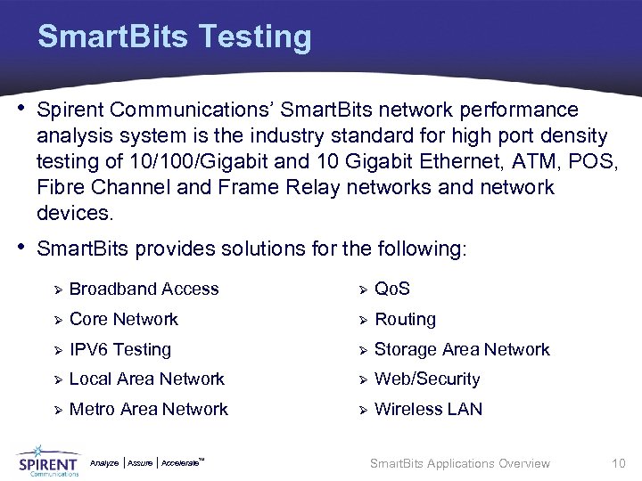 Smart. Bits Testing • Spirent Communications’ Smart. Bits network performance analysis system is the
