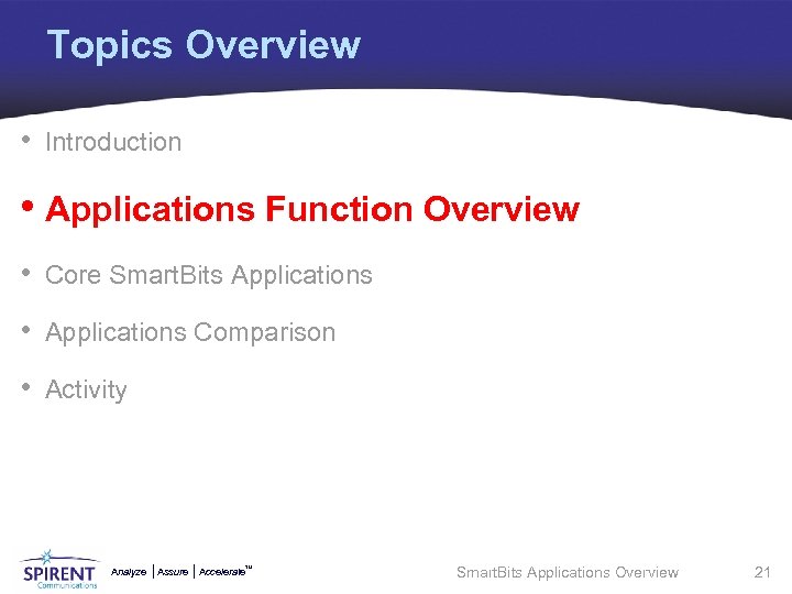 Topics Overview • Introduction • Applications Function Overview • Core Smart. Bits Applications •